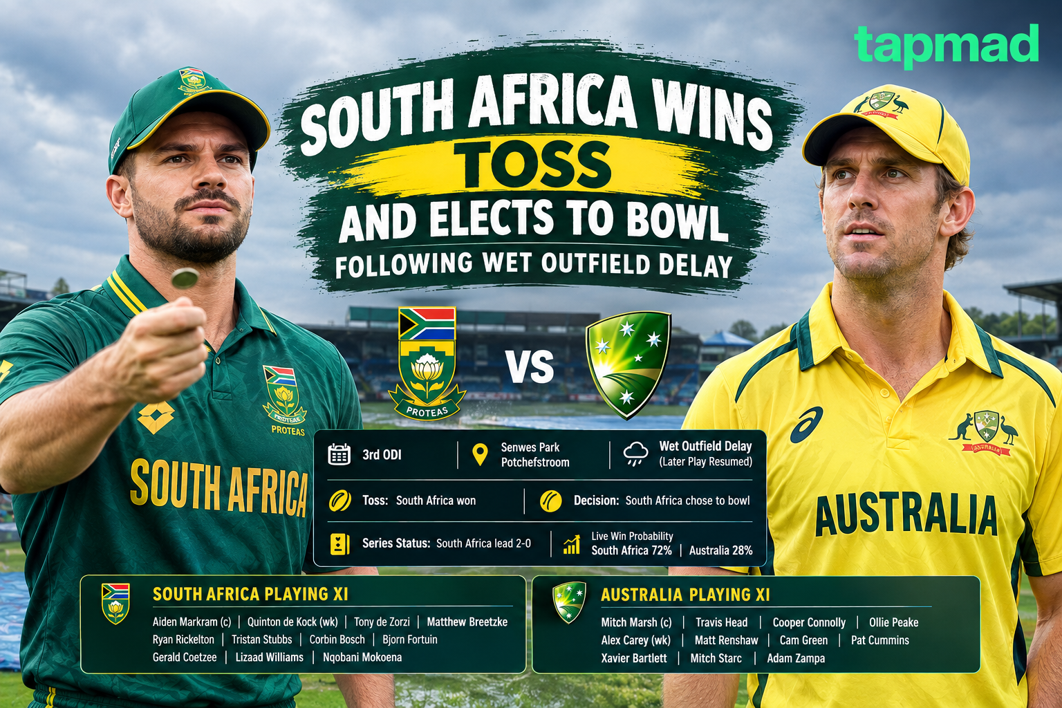 South Africa Wins SA vs AUS 3rd ODI Toss and Elects to Bowl Following Wet Outfield Delay