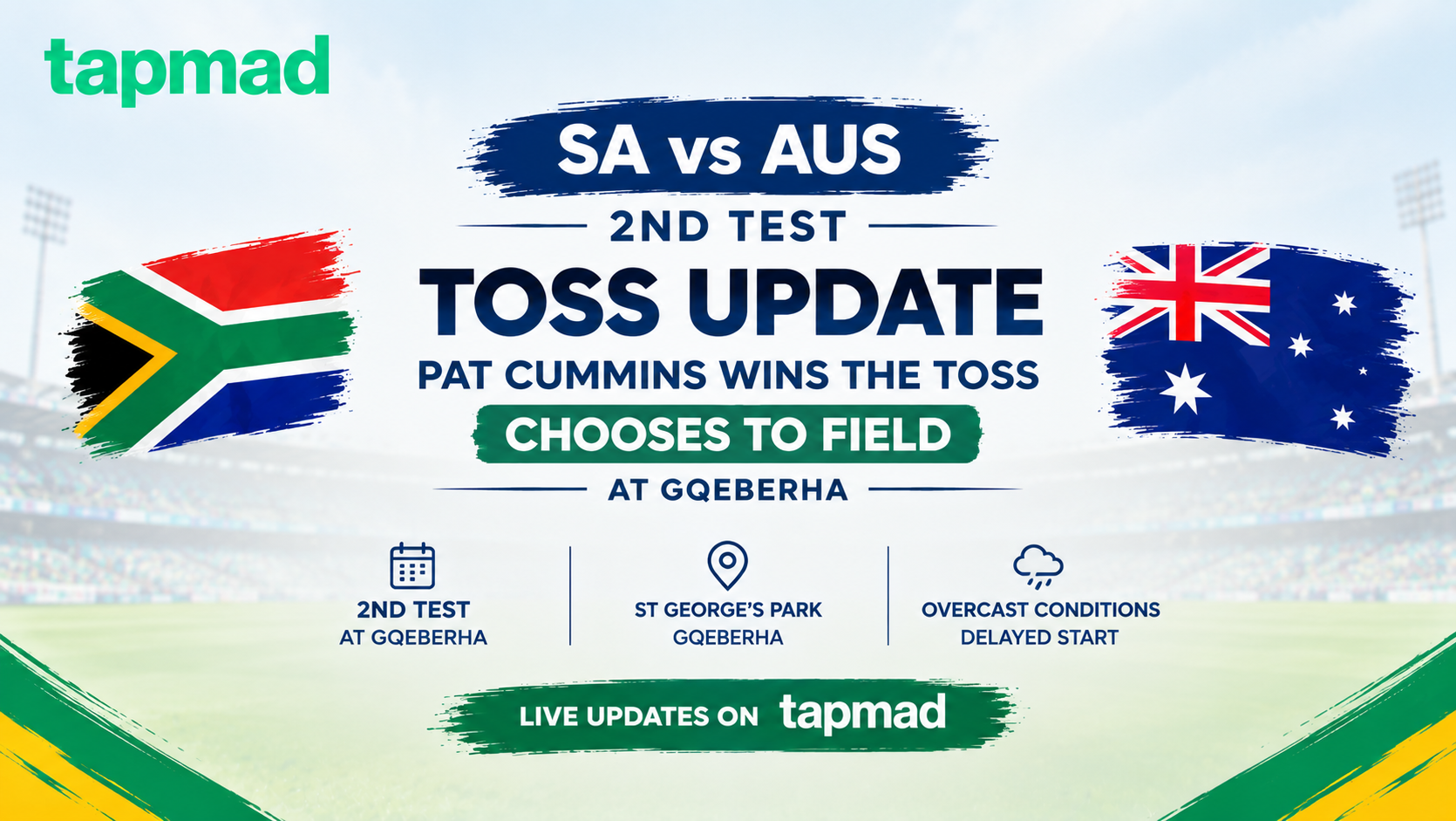 Pat Cummins Wins the Toss and Chose to Field in SA vs AUS 2nd Test at GQEBERHA