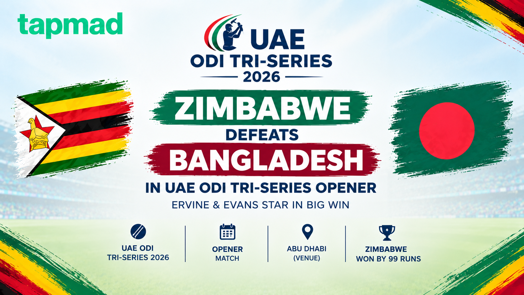 Ervine, Evans Guides Zimbabwe to Big Win Over Bangladesh in UAE ODI Tri-Series