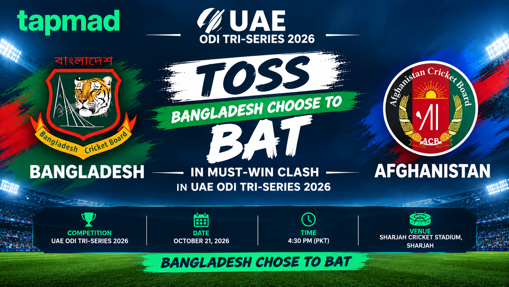 BAN vs AFG Toss: Bangladesh Choose to Bat in Must-Win Clash in UAE ODI Tri-Series 2026