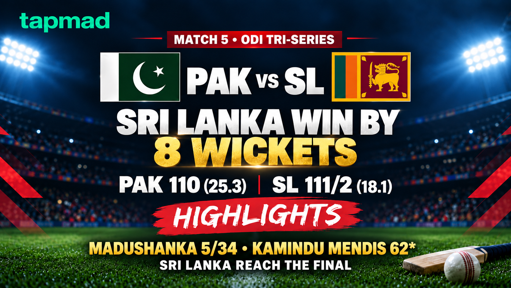 PAK vs SL Match 5 Highlights: Sri Lanka Reaches ODI Tri-Series 2026 Final