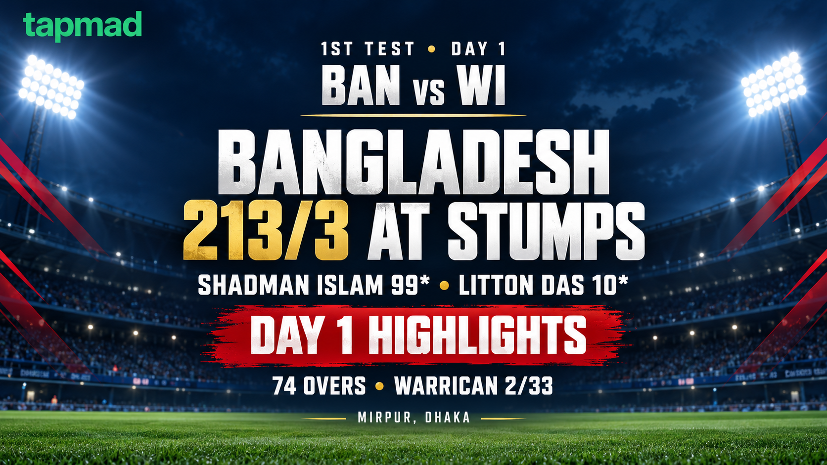 BAN vs WI 1st Test Day 1 highlights: Bangladesh Reaches 213/3